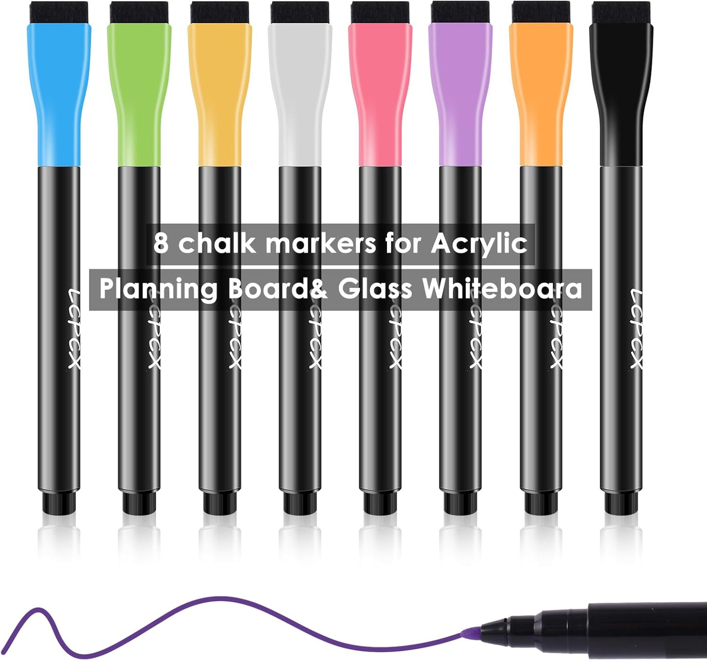 8 Dry erase markers,Bright colors can be clearly seen on light and dark backgrounds,Suitable for writing on acrylic calendars, magnetic whiteboards, dry erase boards,Pen cap with magnetic and eraser