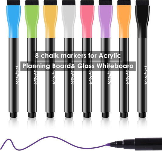 8 Dry erase markers,Bright colors can be clearly seen on light and dark backgrounds,Suitable for writing on acrylic calendars, magnetic whiteboards, dry erase boards,Pen cap with magnetic and eraser