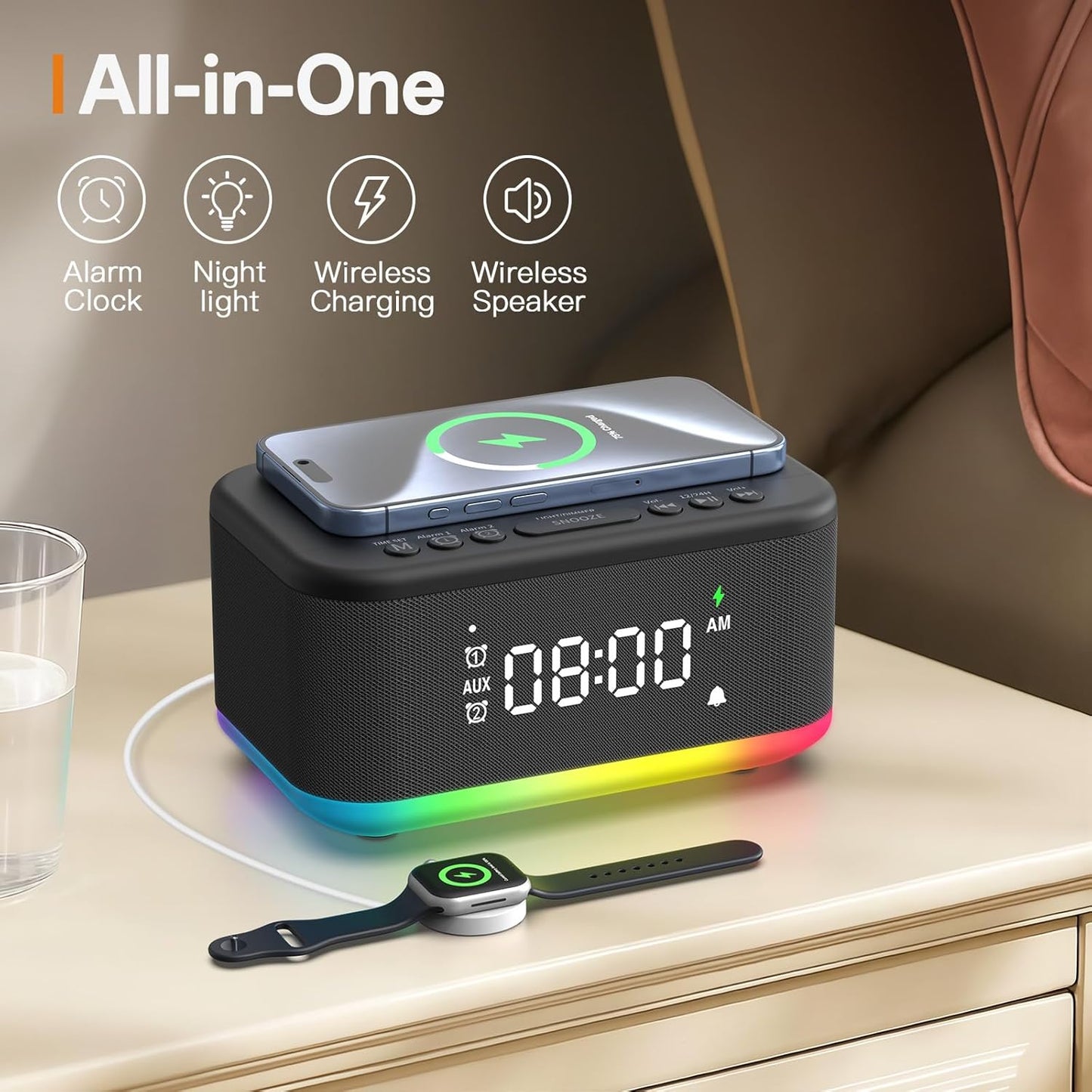 Alarm Clock Speaker Wireless Charger, Digital Alarm Clocks Bedrooms Bluetooth, Alarm Clock Dimmable Light Bedrooms Bluetooth Speaker Dual Alarm Snooze 12/24H Dimmer Support USB AUX, Black