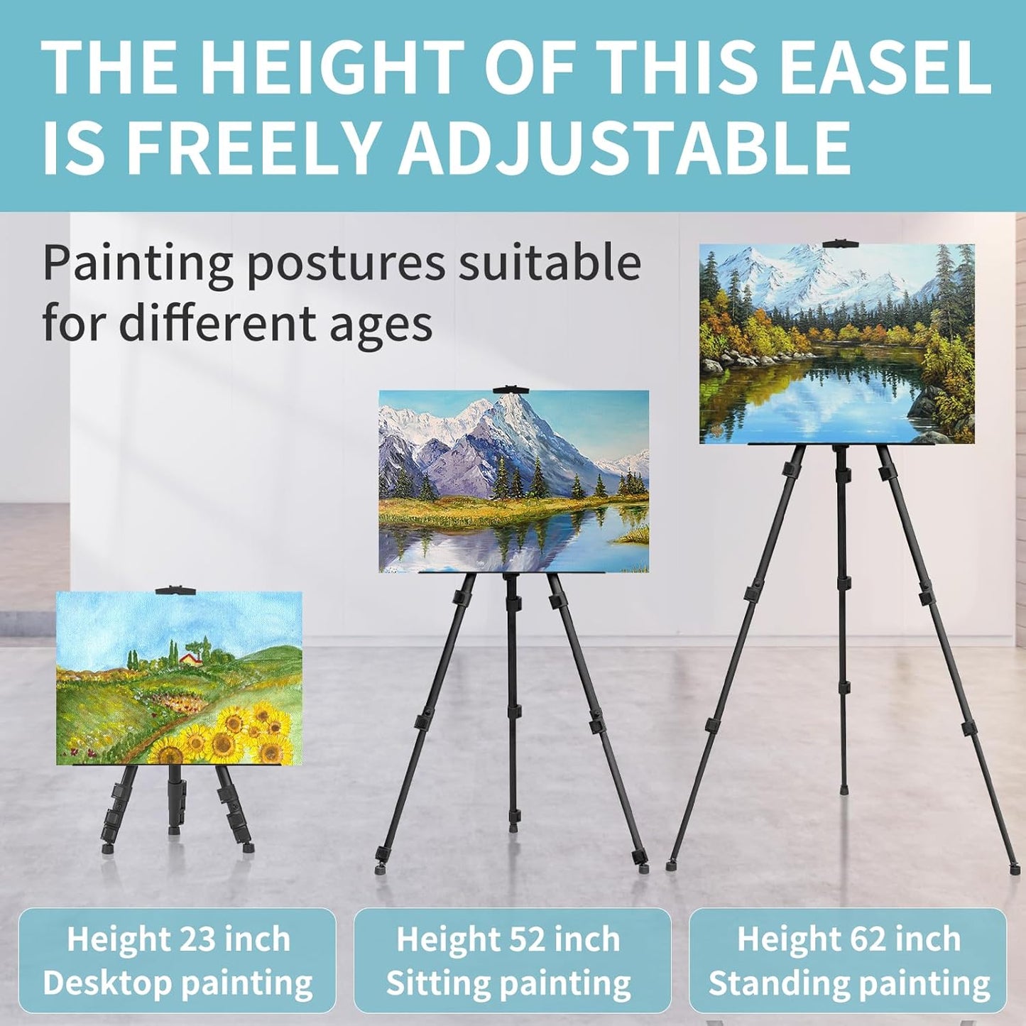 2PCS Art Painting Easel Stand, Adjustable Metal Large Easel for Painting, Canvas Heights from 17 to 66 Inch, Standing Easel for Painting, Wedding Sign, Tabletop or Floor, Black
