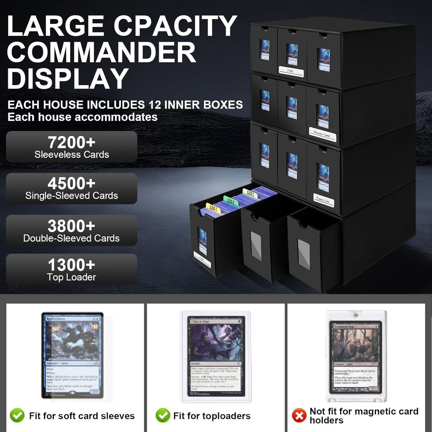 7200+ Card Storage Box, 1300+ Toploader Storage Box for Commander Display,with 48 Dividers, Labels & Tapes,Fit for TCG, PTCG, MTG