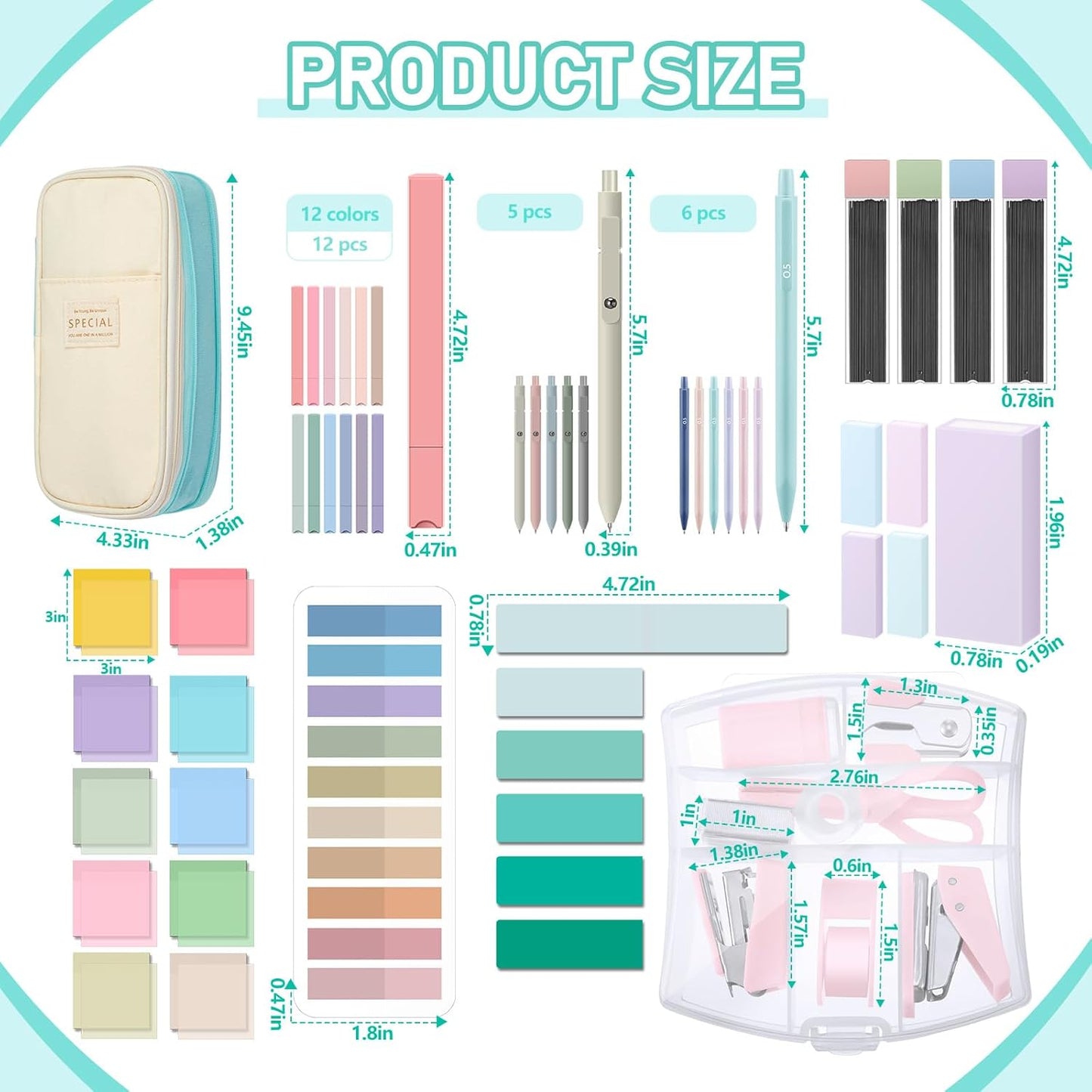 60 Pcs Aesthetic Book Annotation Kit School Supplies Cute Pencil Case with Highlighter Gel Pen Mechanical Pencil Magnetic Bookmarks Transparent Sticky Note Tabs Student Stationary(Mint Green)