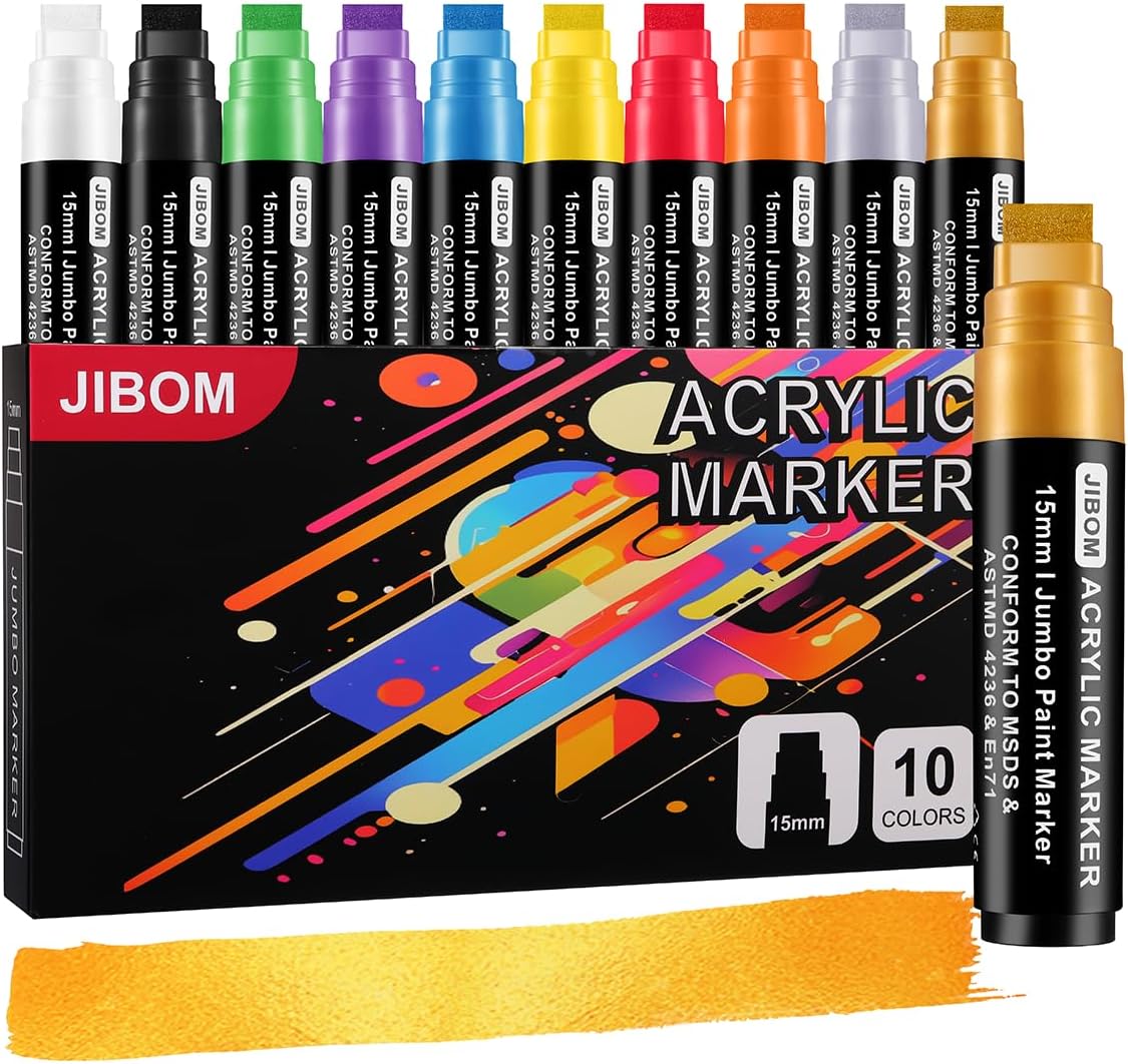 10 Colors Jumbo Acrylic Paint Markers (2 Metallic), 15mm Extra Large Felt Tip Thick Paint Pens for Rock, Wood, Ceramic, Glass, Canvas, Eggs,Pumpkins, Poster Painting Vibrant, Long Lasting Art Supplies