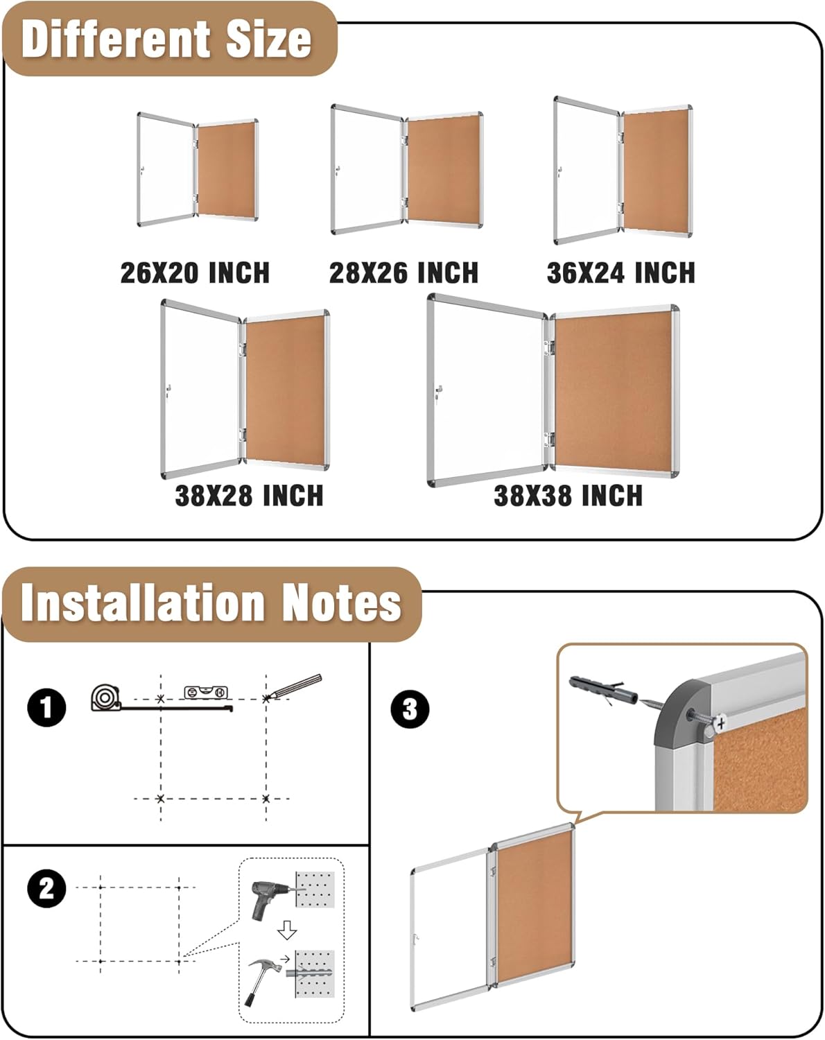 28"x26" Enclosed Bulletin Board, Lockable Weather-Resistant Aluminum Cork Noticeboard for School & Office, Silver Frame w/Cork