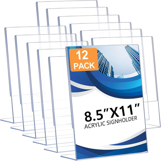 12 Pack Acrylic Sign Holder 8.5 x 11, Clear Plastic Display Stands for Tabletop, L-Shape Acrylic Stands for Flyers, Documents, Office, Restaurants, Vertical Sign Holder 8.5x11 for Desktop