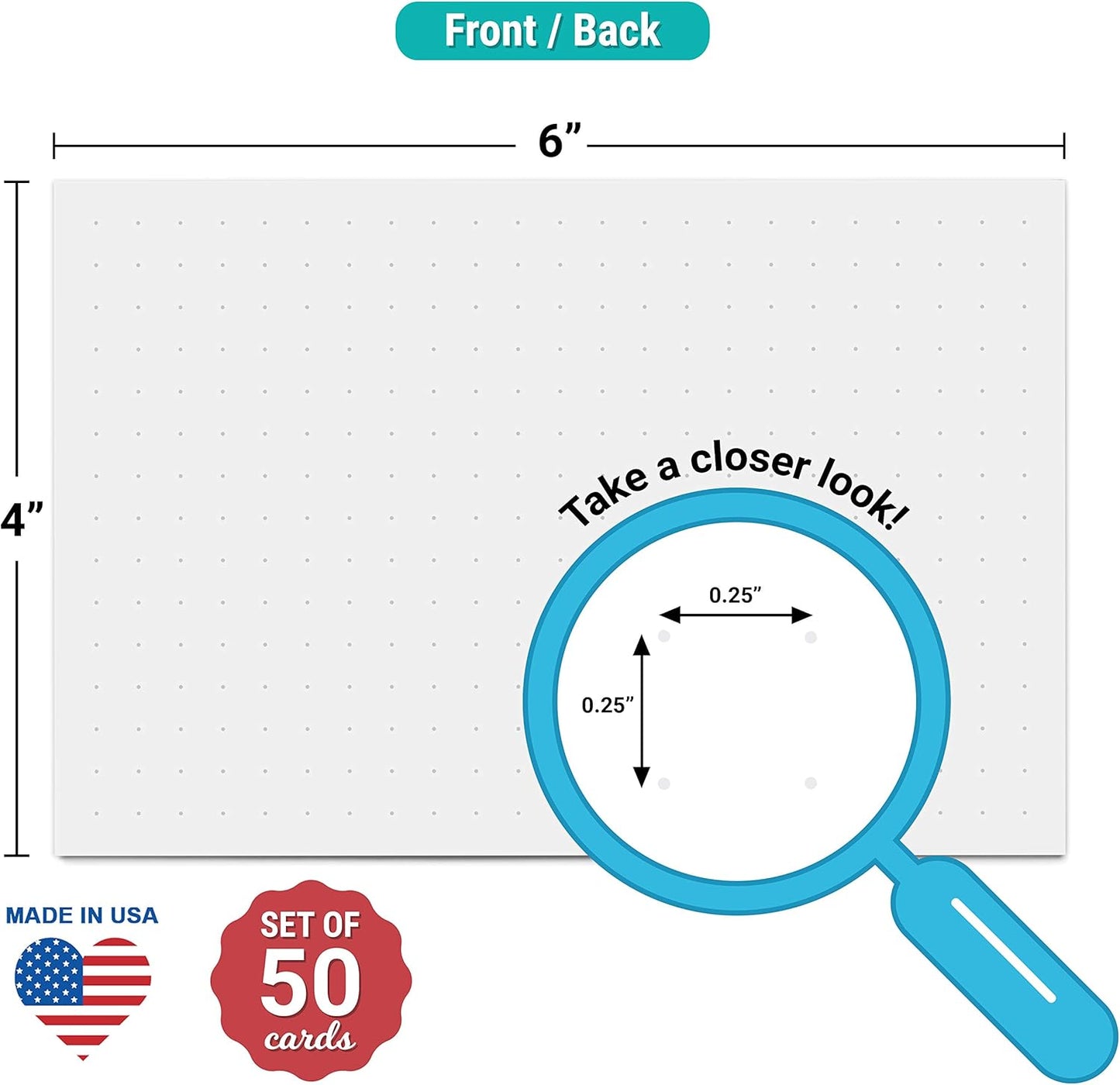 321Done Dot Grid Index Cards, Dot Pattern - Made in USA - Large 4x6 (Set of 50) Dot Bullet 0.25 Double-Sided Planner Journal, Planning Graph Ruled Thick Heavy Duty Cardstock, 1/4 inch, White
