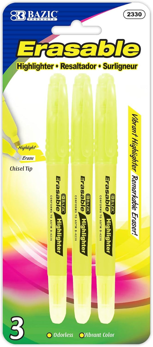BAZIC Erasable Highlighter, Chisel Broad Line Fine Point Highlighters, Unscented Assorted Color Highlighting Coloring Erase Marker (3/Pack), 1-Pack