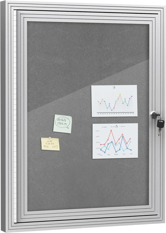26"x20" Enclosed Bulletin Board, Outdoor Lockable Weather-Resistant Aluminum Cork Noticeboard for School & Office, Silver Frame w/Grey Flet