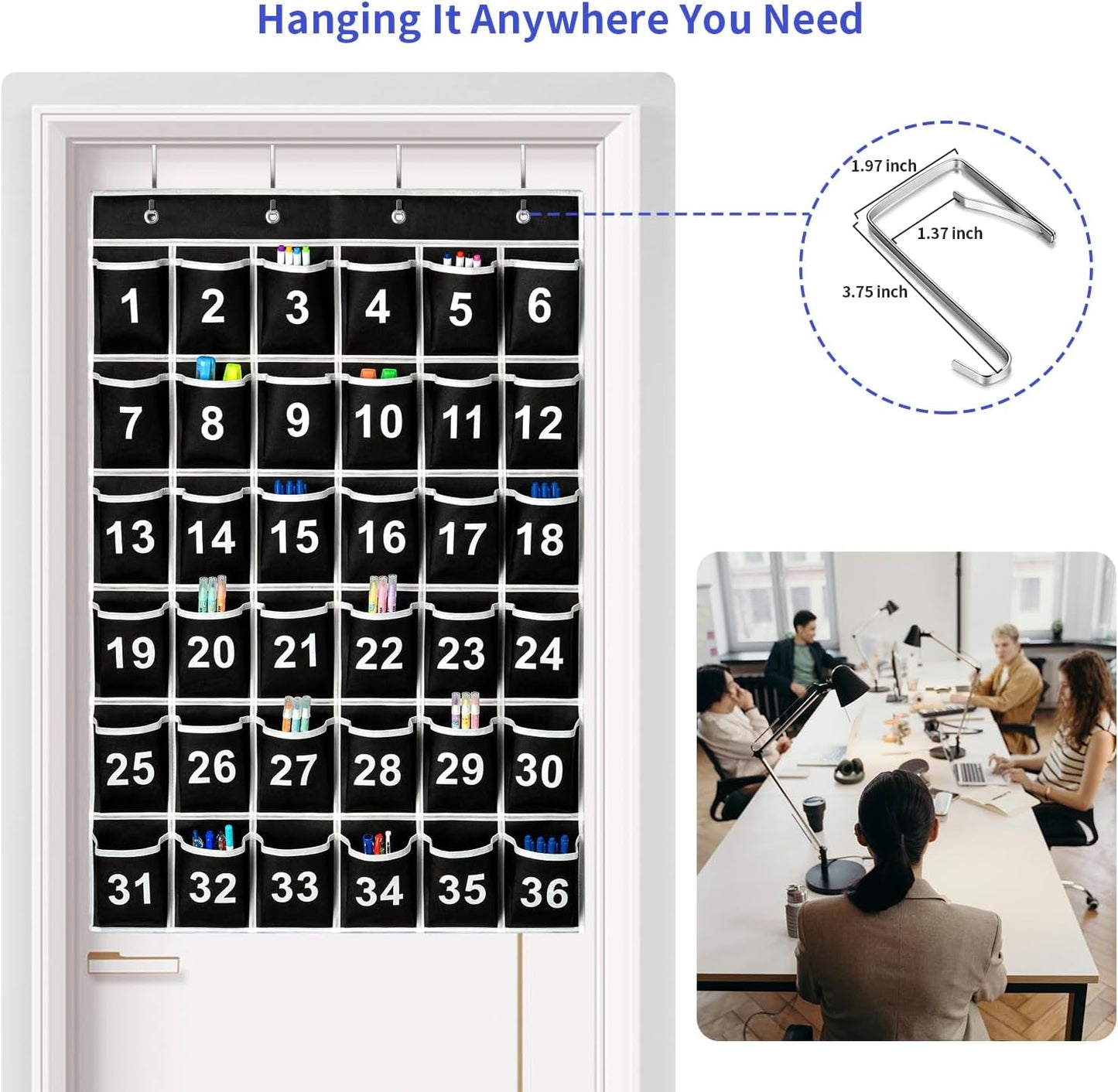 36 Pockets Black Numbered Classroom Pocket Chart for Cell Phones, Hanging Pocket Chart Storage for Classroom Phone Calculator Holder with 4 Hooks (Black-36pockets)