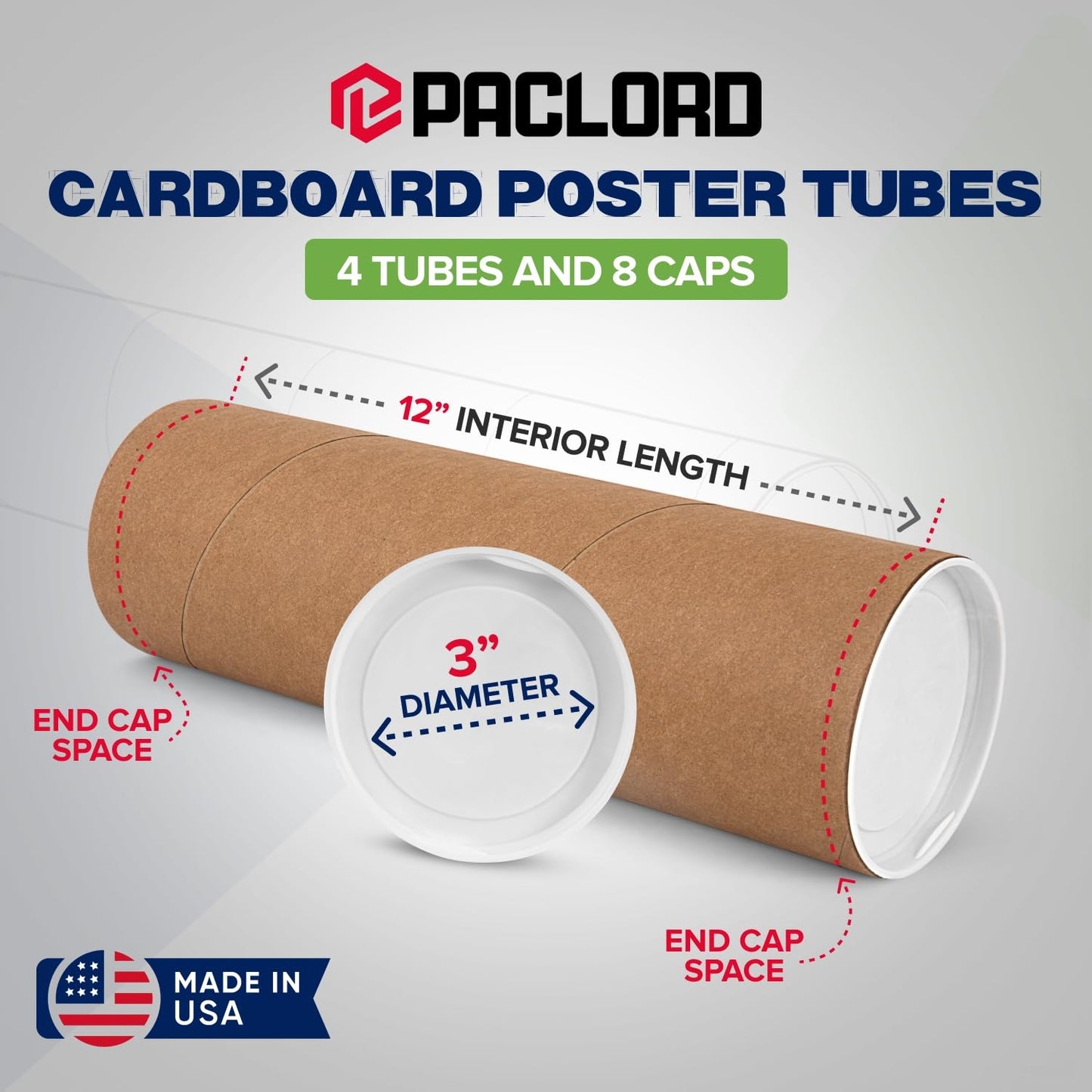 3" x 12" Reinforced Kraft Paper Mailing Tubes, Pack of 4 Tubes with 2 Caps Each – USPS Approved Poster Tube – Made in USA Cardboard Tube for Shipping and Storing Posters, Prints, Artwork, or Documents