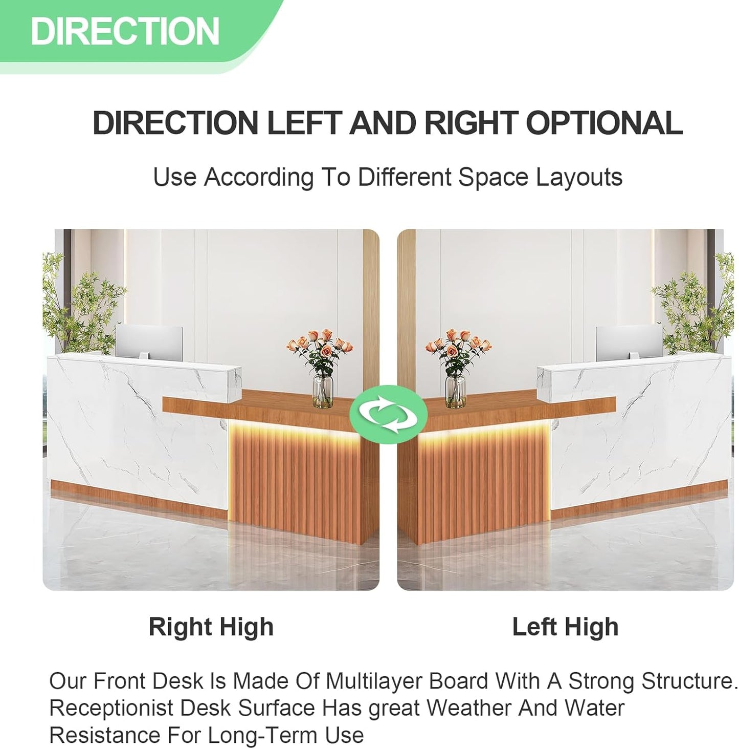 Modern Reception Desk with Counter and Drawer Office Front Desk with Cabinet Wooden Commercial Reception Table Checkout Counter for Retail Salon Lobby White and Brown Right 63inch/160cm