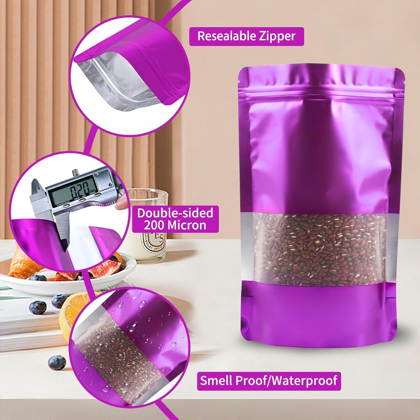 100 Pack Smell Proof Bags, Resealable Purple Mylar Bags with Matte Window, Foil Pouch Stand Up Sealable Bags for Packaging, 7.08×10.23 Inch