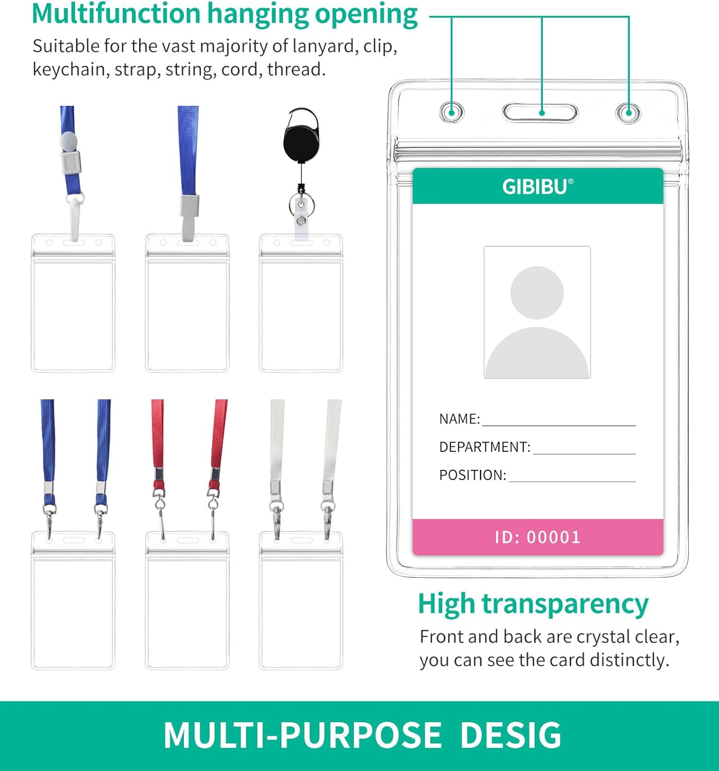 50 Pcs Vertical ID Badge Holder, Clear Plastic Card Sleeve, Nurses Work Name Tag Holders, Key Cover Protector with Waterproof Zip for Lanyard, Fits Credit Size Cards