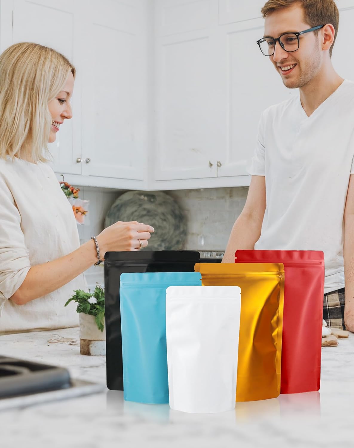 100 Pack Resealable Stand Up Bags,7.9" x 11.8" Smell Proof Pouch Sealable Foil Pouch Bags for Packaging (Red)