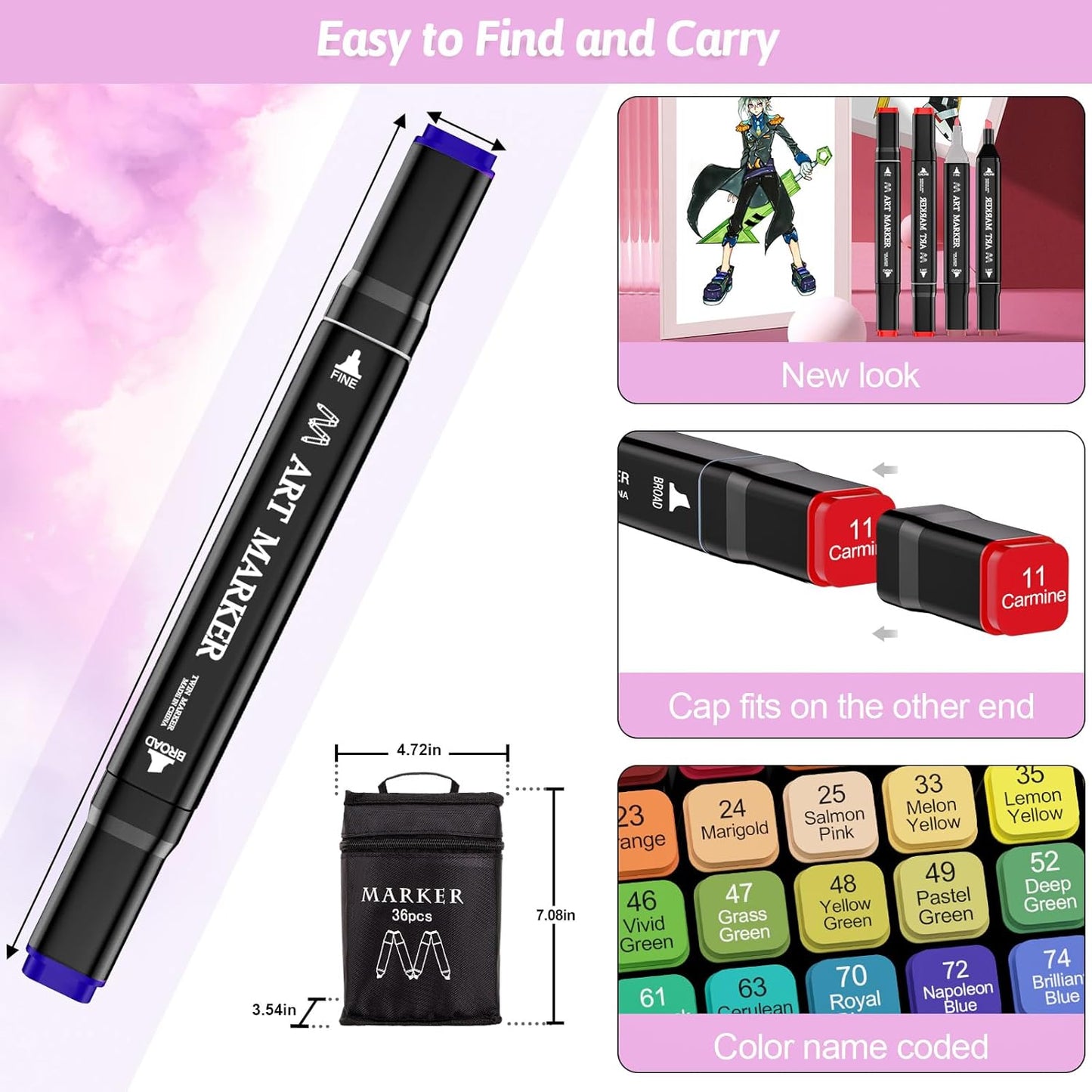 Banral Alcohol Markers, 36 Colors Dual Tip Alcohol Based Art Marker Set for Artists Adults, Permanent Drawing Pens for Adult Coloring Sketching Illustration with Case and Holders