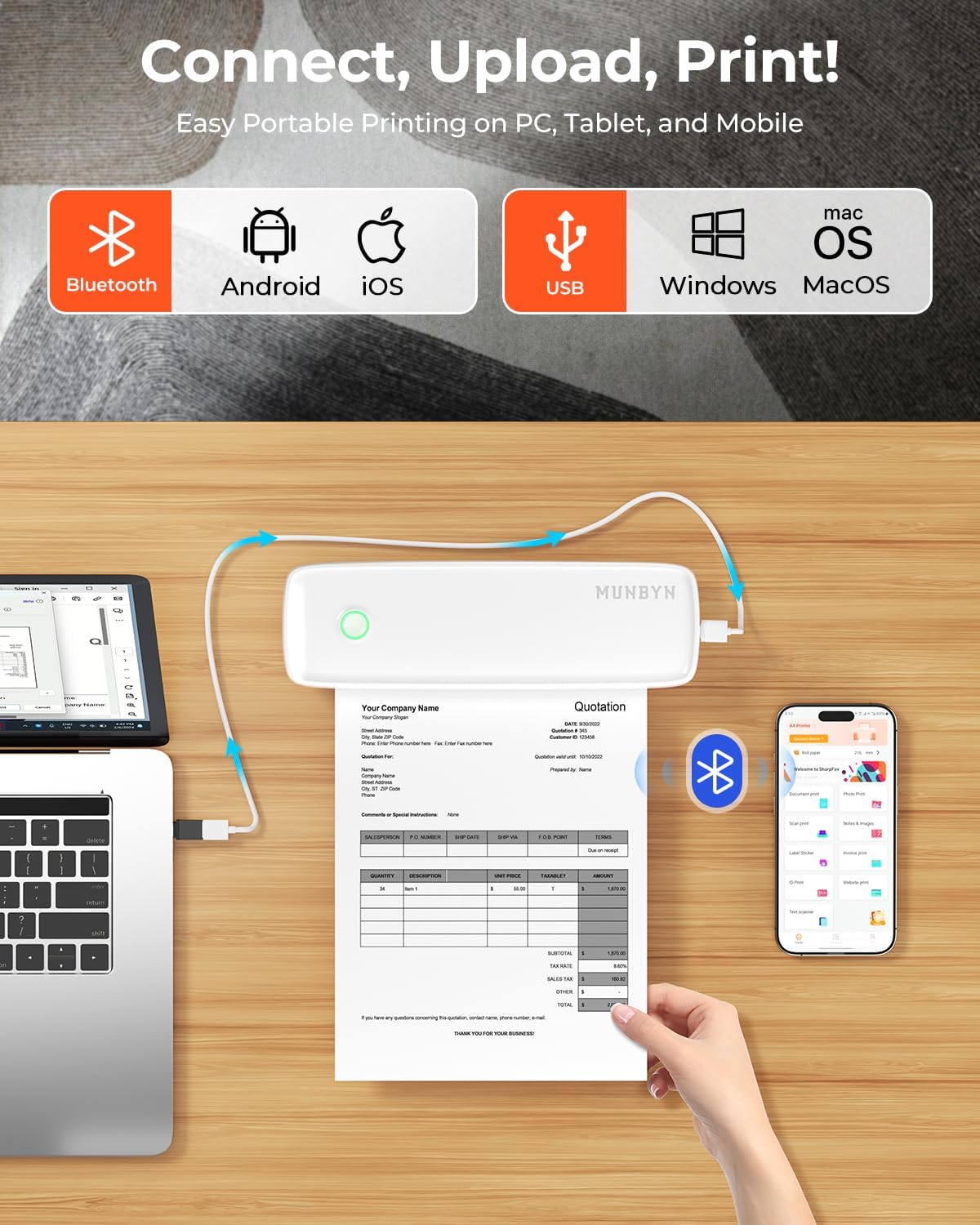 MUNBYN Portable Printers Wireless for Travel ITP04, Inkless Printer, Thermal Bluetooth Printer, Support 8.5x11&A4 Thermal Paper, Compatible with Android and iOS Phone & Laptop, Small Printers (White)