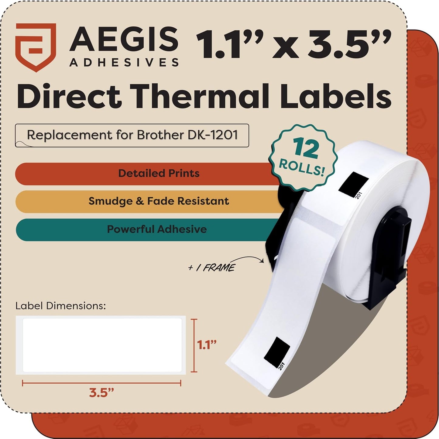 Aegis Adhesives - Compatible Labels Replacement for Brother DK-1201 (1.1" X 3.5”) Address & Barcode, Use with QL Label Printers - 12 Rolls + 1 Frame