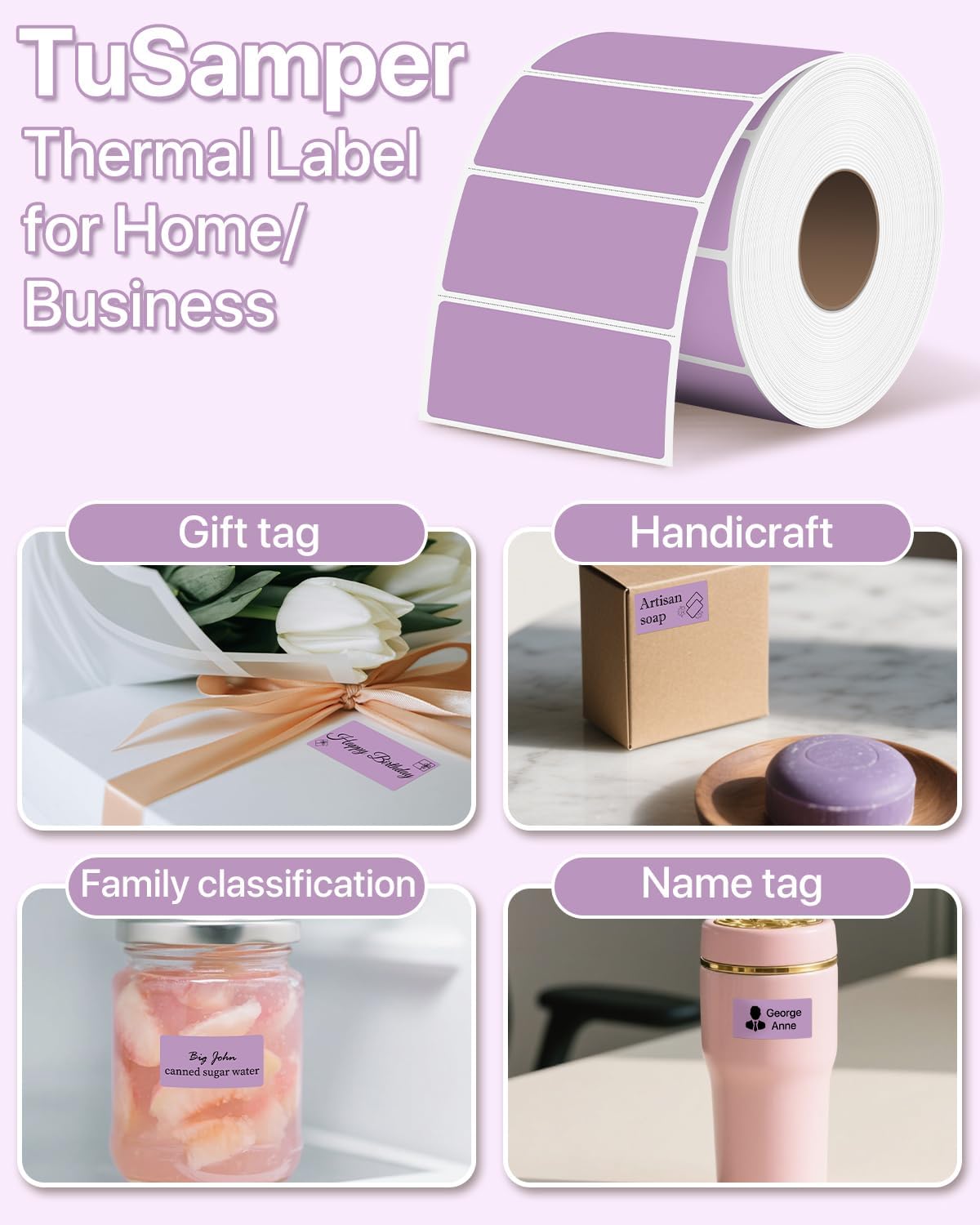 2×1 Inch Thermal Labels Sticker Self-Adhesive Label Paper Purple Direct Thermal Printer Stickers with Perforation Line 1000 Sheets/Roll