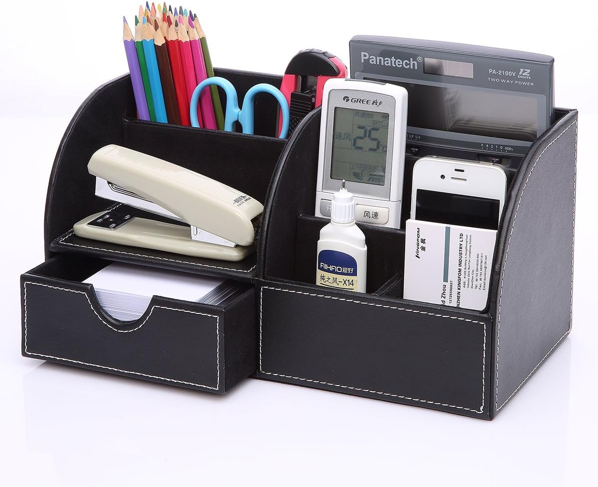 KINGFOM Pu Leather Desk Organizers and Accessories, 8 PCS/SET Office Supplies Organization with Magazine Files Holder, Stackable Paper Tray, Desktop Organizers with Drawer for Home Office School Black