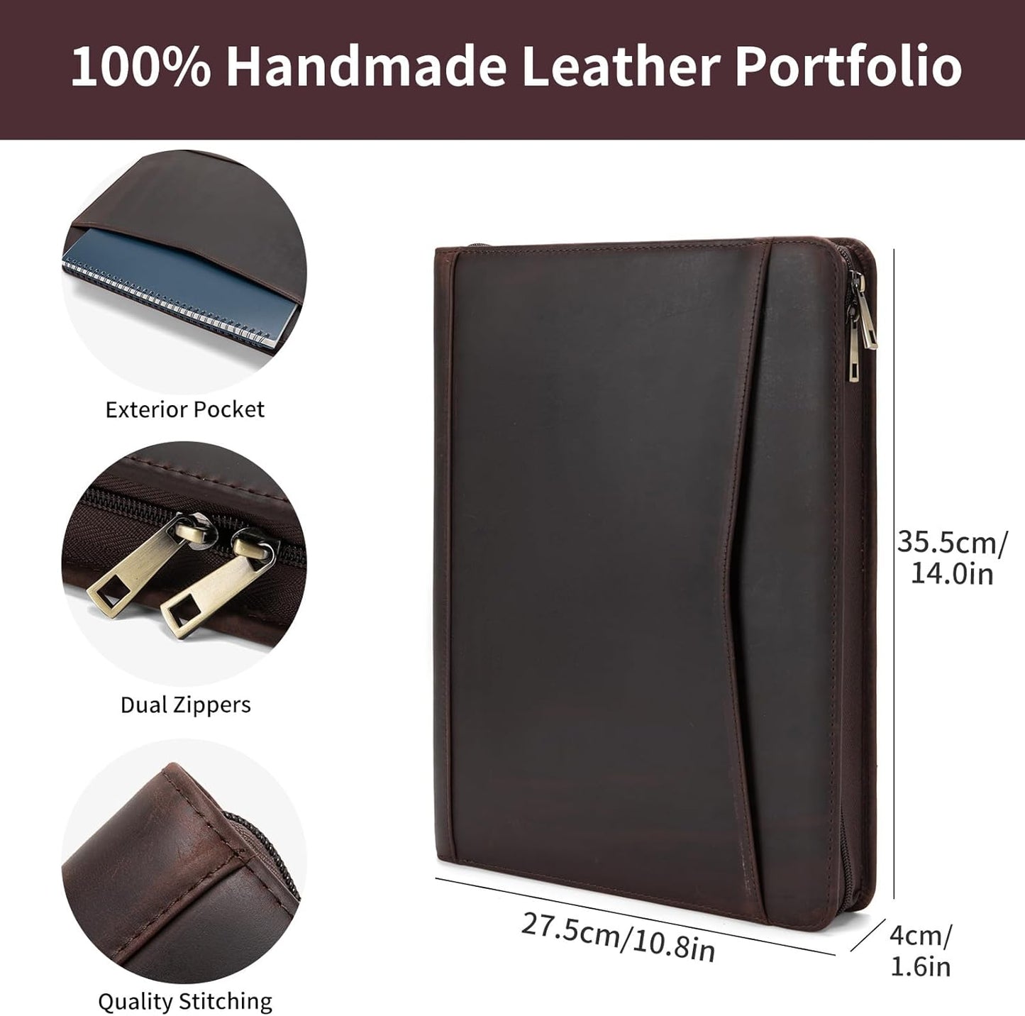 Personalized Genuine Leather Portfolio with Front Pocket for Men Women, Custom Engraved 8.5 x 11 Legal Pad Notepad Holder, Zippered Business Organizer, Professional Work Folder, Dark Brown