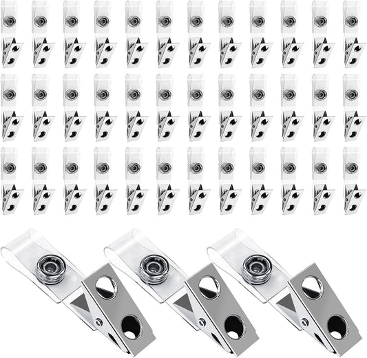 400 Pack Metal Badge Clips Double Hole ID Badge Clips with Clear PVC Straps for Name Tag ID Cards and Badge Holders Work Office Supplies