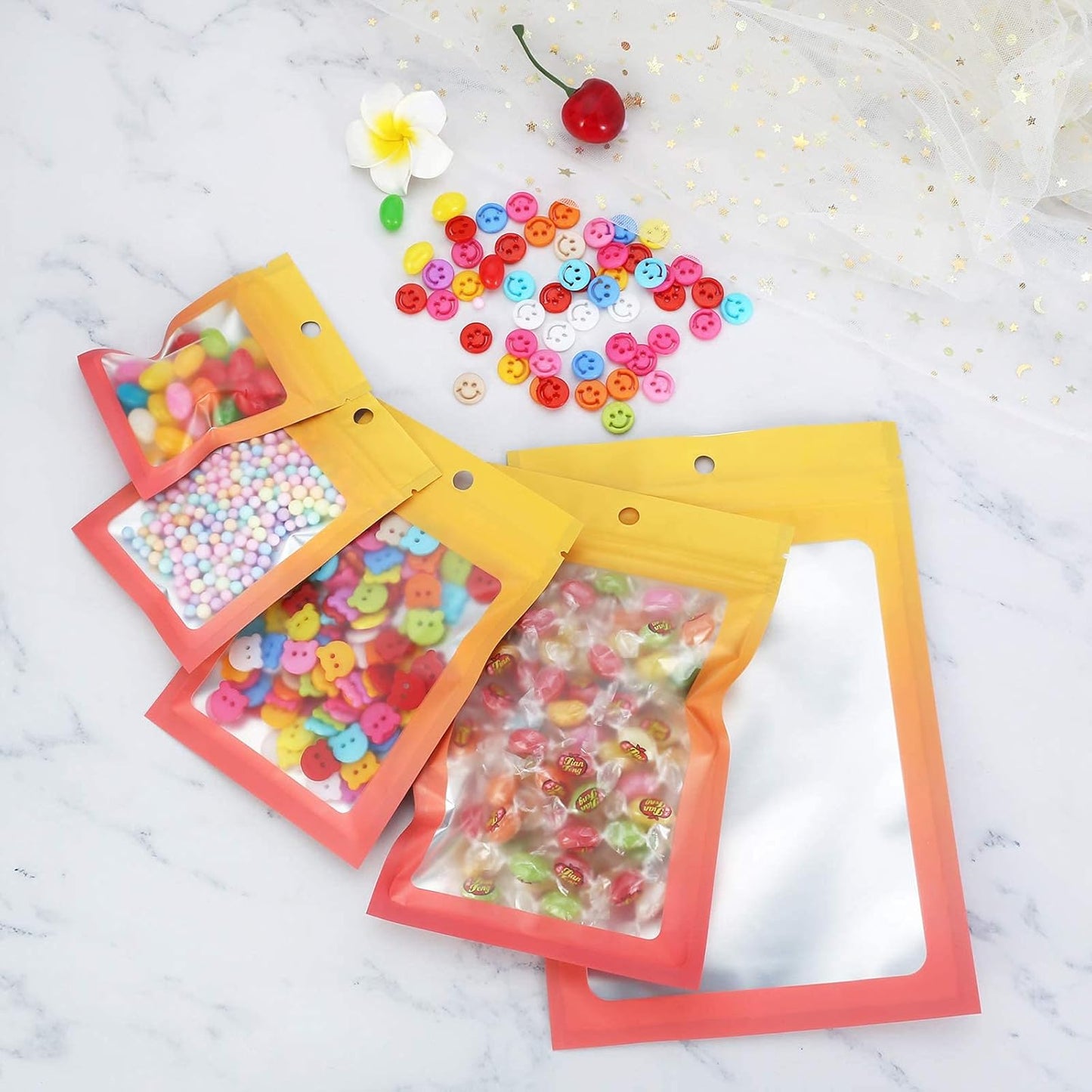 100 Pcs Resealable Mylar Bags, Gradient Color Food Storage Bags, Zip Bag Foil Bags Packaging Pouch for Food Storage, Sample, Small Business (Yellow Orange, 2.7 X 3.9 Inch)