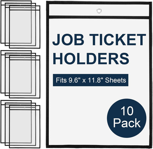 10 Pack Black & Clear Job Ticket Holders 13.7x10.1 Inch – Heavy Duty PVC Plastic Sleeves for Work Orders, Shop Tickets & Home Use – Dry Erase, Waterproof and Reusable Document Protectors