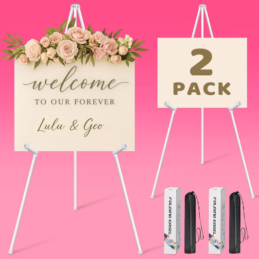 2 Pack White Easel Stand for Sign & Poster - 63" Adjustable Metal Easels for Wedding Welcome Sign, Painting, Canvas, Art Display - Portable Folding Tripod with Carry Bag, Holds 5 Lbs