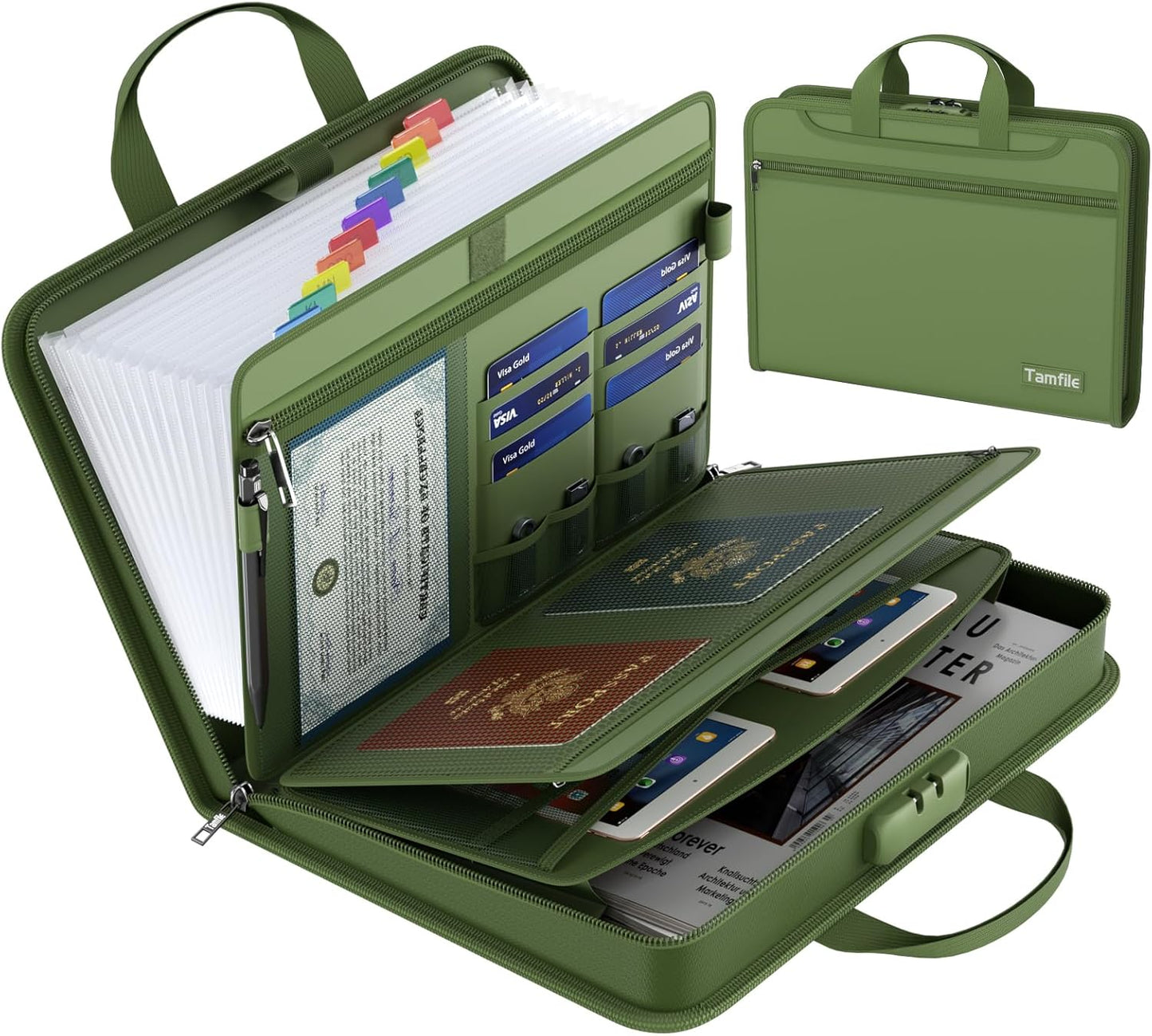 5200℉ Fireproof Accordion File Organizer with Lock, Thickened Document Organizer 13 Pocket with Zipper & Labels, Important Document Organizer, Expanding File Folder with Handle for Letter A4 (Green)