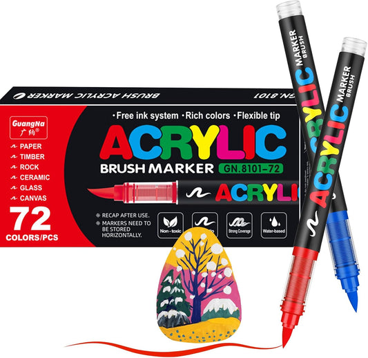 JRQ Acrylic Paint Markers Paint Pens, 72 Colors Direct Liquid System & Brush Tip, Acrylic Markers for Wood, Rock Painting, Glass, Canvas, Ceramic, Fabric, Plastic, DIY Art Crafts Supplies