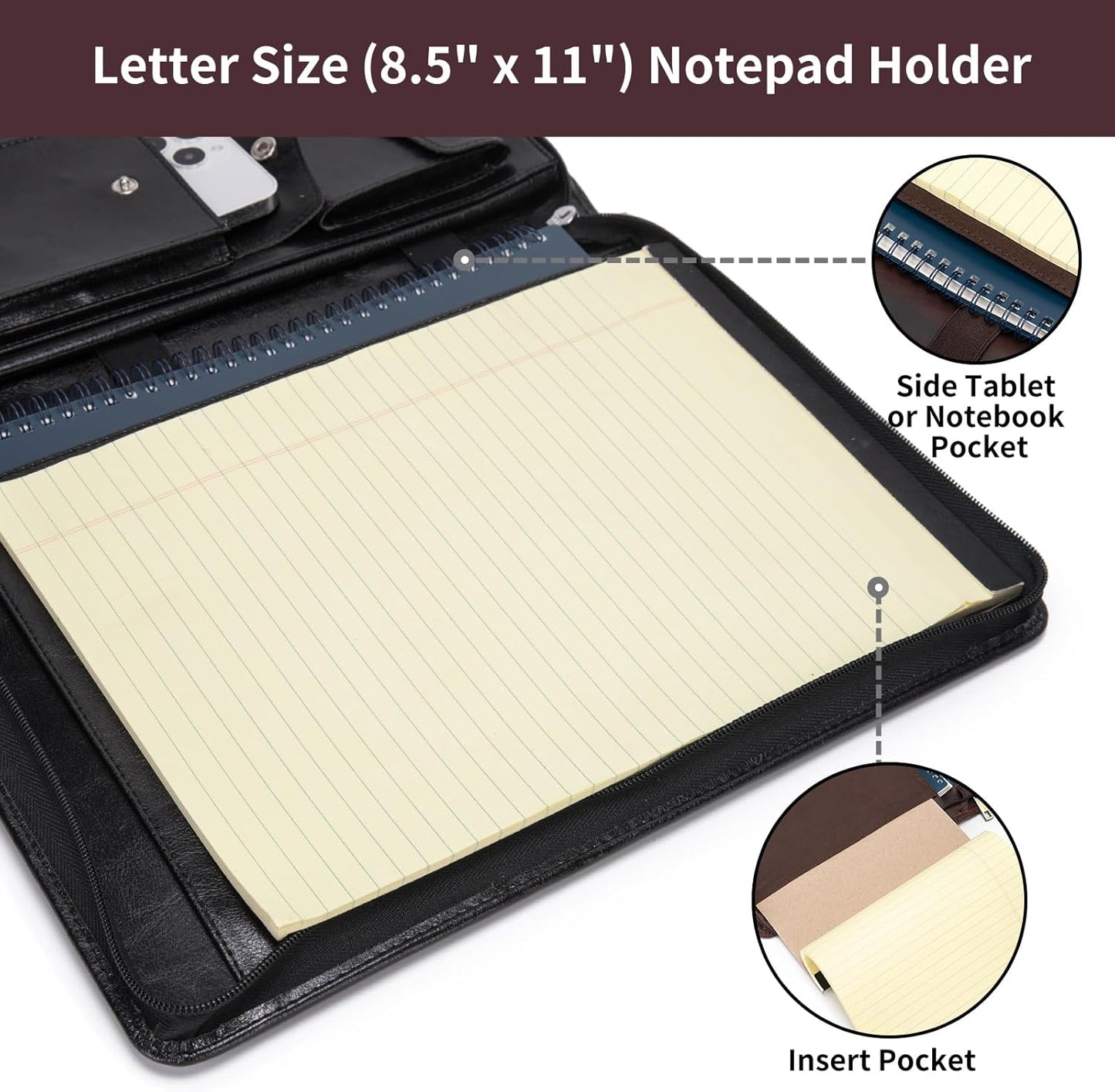 Personalized Vegan Leather Portfolio with Hidden Handle, Zippered Front Pocket, 8.5 x 11 Notebook Holder, Custom Business Legal Padfolio Travel Folio for Men Women, Black