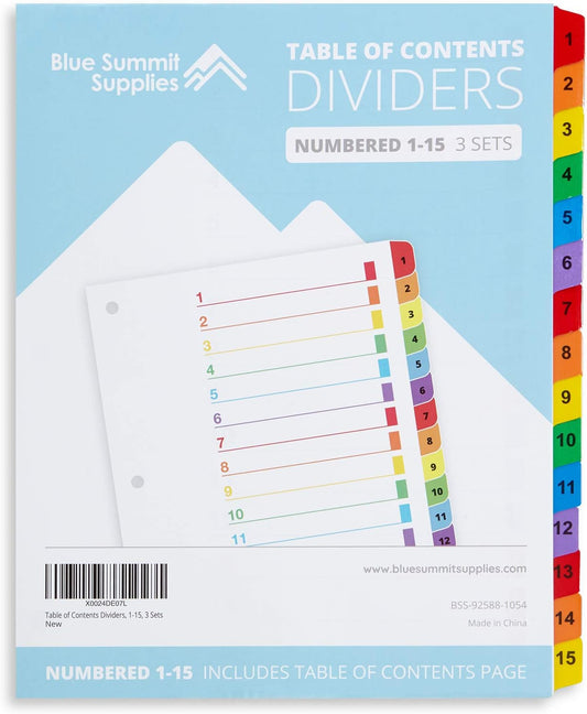 Blue Summit Supplies 15 Tab Binder Dividers for 3 Ring Binder or Notebook, Subject Dividers with Multicolor Numbered Tabs, Includes Customizable Table of Contents Index, 3 Sets