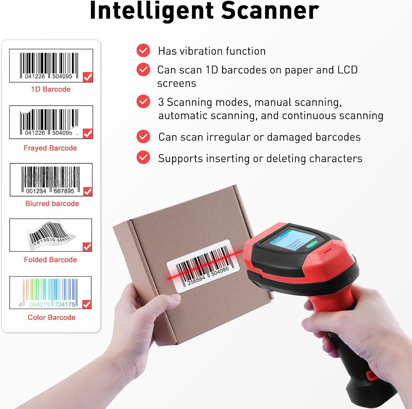 Barcode Scanner Wireless, 1D CCD Automatic Bar Code Scanner with Display Screen, Rechargeable Handhold Barcode Reader with 2.4G Receiver & USB Wired Plug and Play (Red)