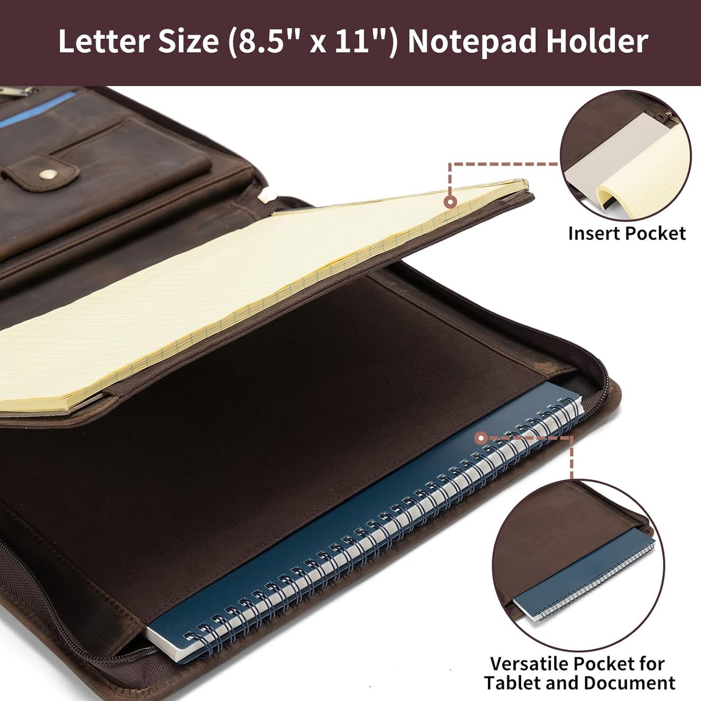 Personalized Genuine Leather Portfolio with Front Pocket for Men Women, Custom Engraved 8.5 x 11 Legal Pad Notepad Holder, Zippered Business Organizer, Professional Work Folder, Dark Khaki
