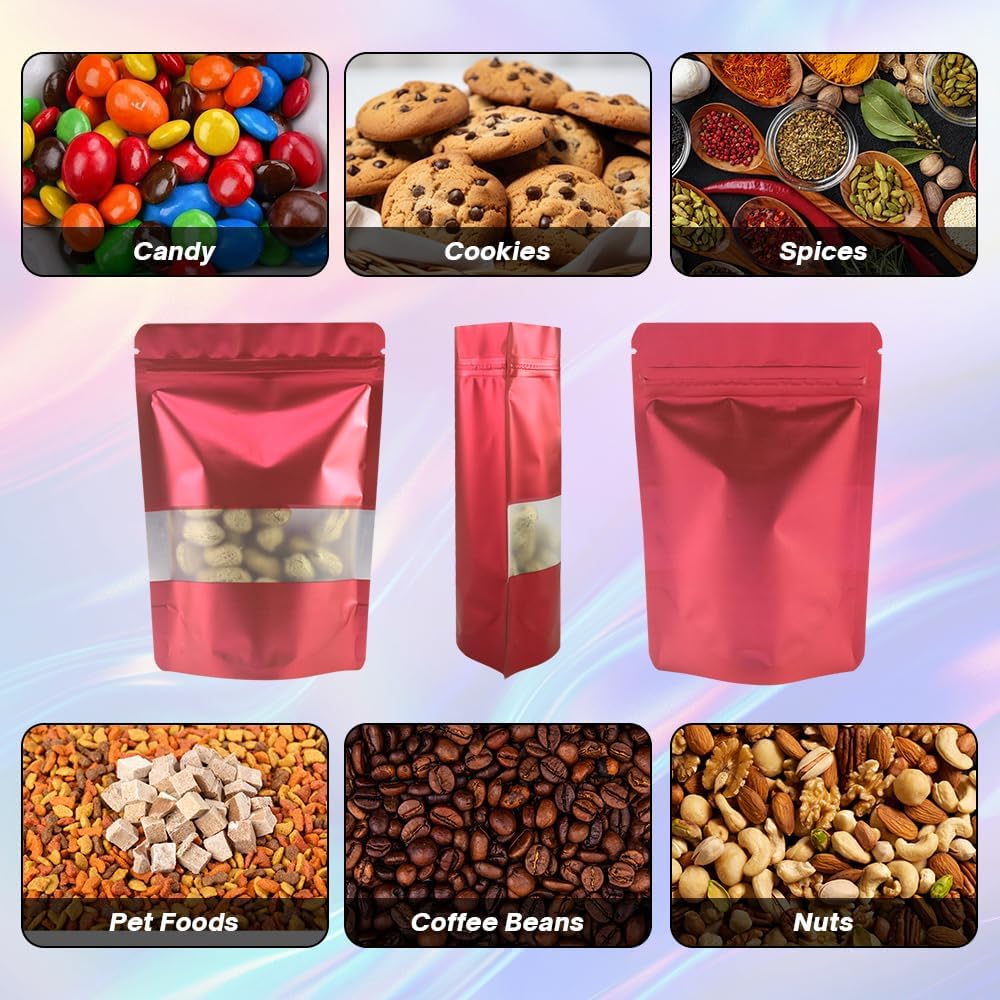 4CP 100 Pcs Red Zipper Smell Proof Bags with Window, 7.0x10.5 Inch Stand Up Foil Pouches for Food Selfsealing Storage, Reusable Bag for Packaging Small Business, Cookies, Nunt, Candy