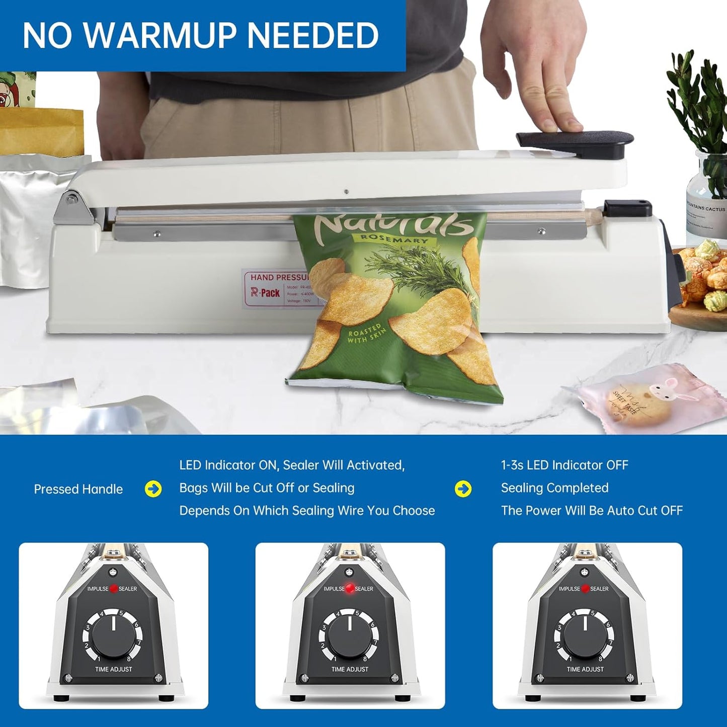 Impulse Heat Sealer with Seal bar, Heavy-Duty Bag Sealing & Cutting Machine, 2 Extra Replacements (white, 12inch)