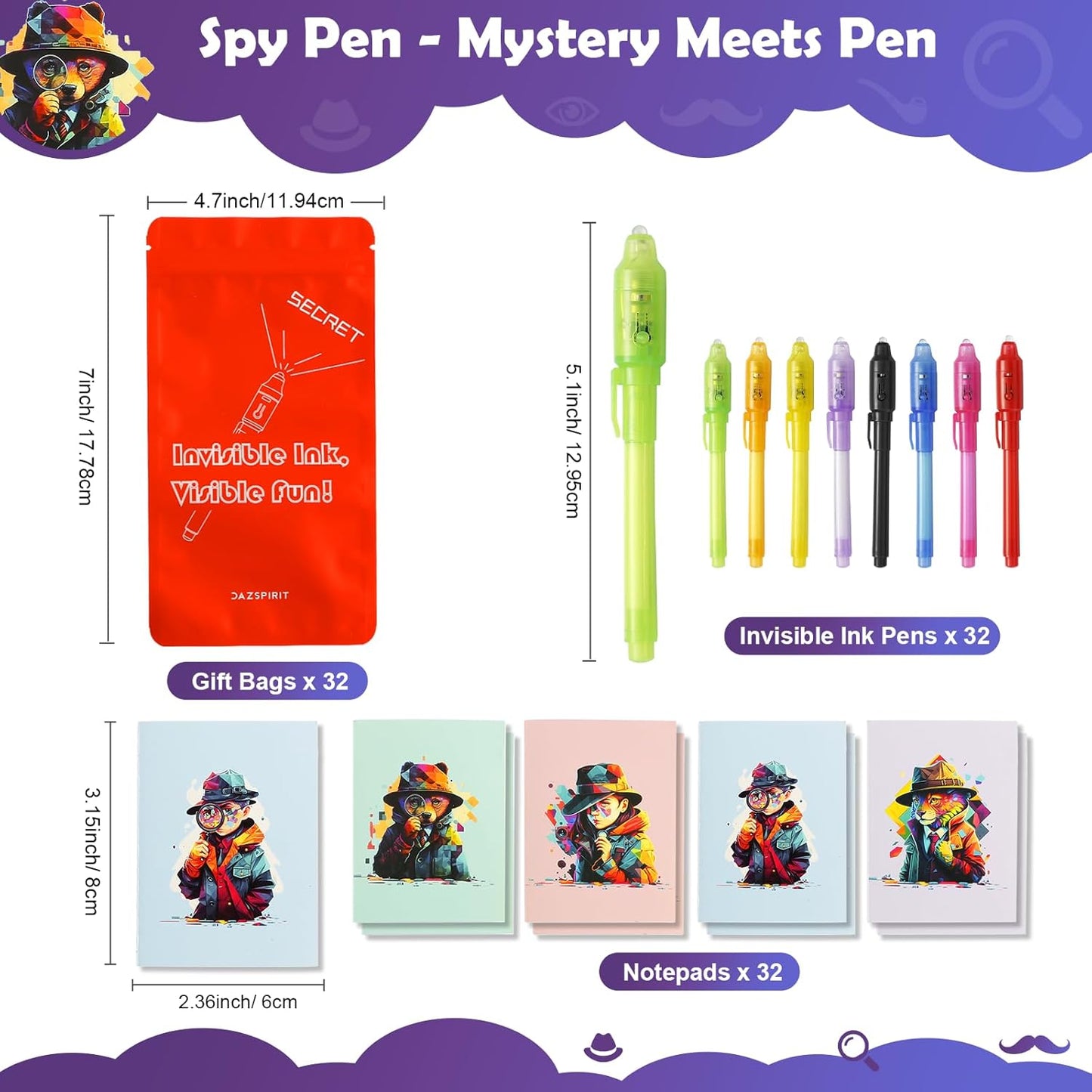 32Pcs Invisible Ink Pen with UV Light, Mini Notepads & Favor Bags, Spy Pens, Top Secret Message Magic Marker, Party Favors for Kids 8-12, Class Prizes, Detective & Escape Room Themes