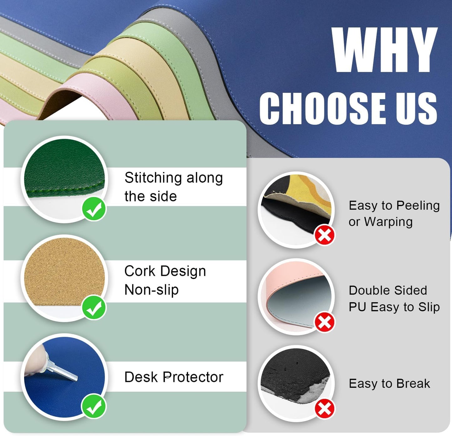 BLESWIN Large Desk Pad Mat 47.2"" x 17"", Office Desk Mat, Non-Slip PU Leather & Cork Desk Blotter for Keyboard and Mouse, Large Desk Mat, Large Mouse Pad for Office & Home(Dark Green)