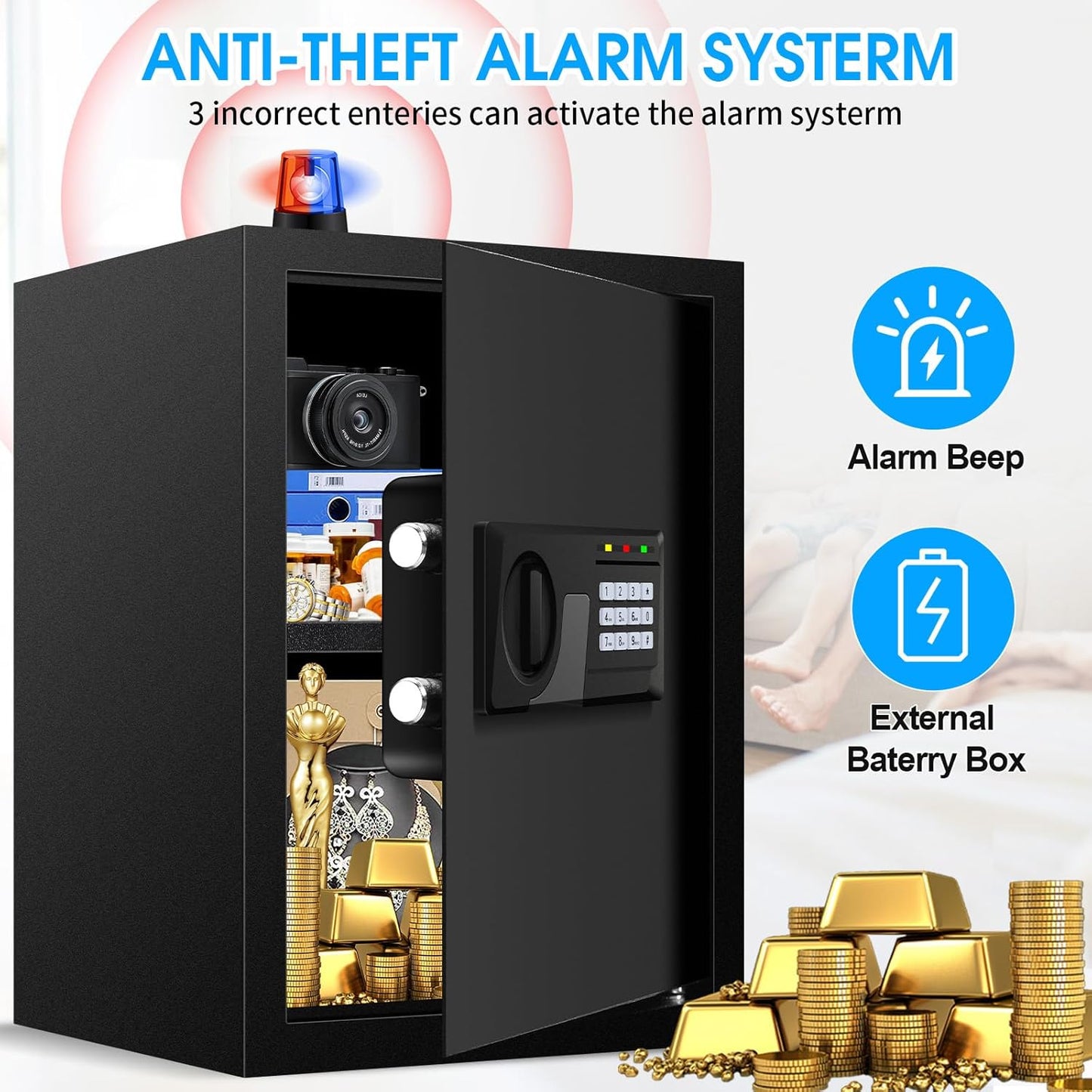 3.2 Cuft Large Fire Proof Safe for Home Documents, Digital Security Safety Box with Electronic Keypad and Keys, Anti-Theft Fire Safes for Home, Fireproof Box for Money Firearm Medicine Valuables