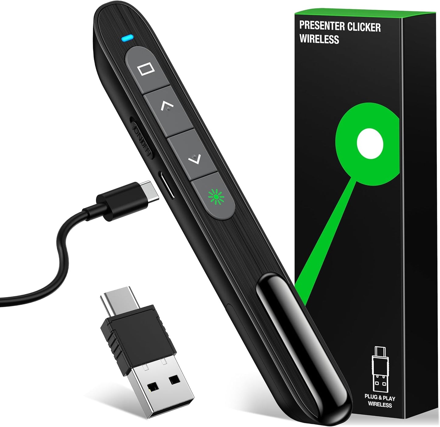 2 in 1 USB Type C Rechargeable Presentation Clicker with Green Pointer, Wireless Presenter for PowerPoint Presentation PPT Clicker, 2.4GHz Presentation Remote Slide Advancer for Computer MacBook