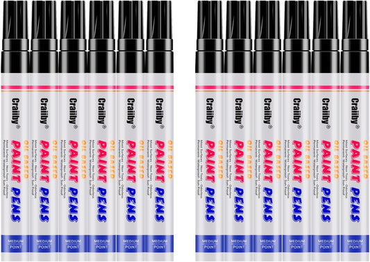 Black Paint Markers, 12 Pack Oil-Based Waterproof Quick Dry Permanent Paint Pen Set for Rocks Painting, Wood, Fabric, Plastic, Canvas, Glass, Mugs, Metal, Tire, Stone, DIY Craft