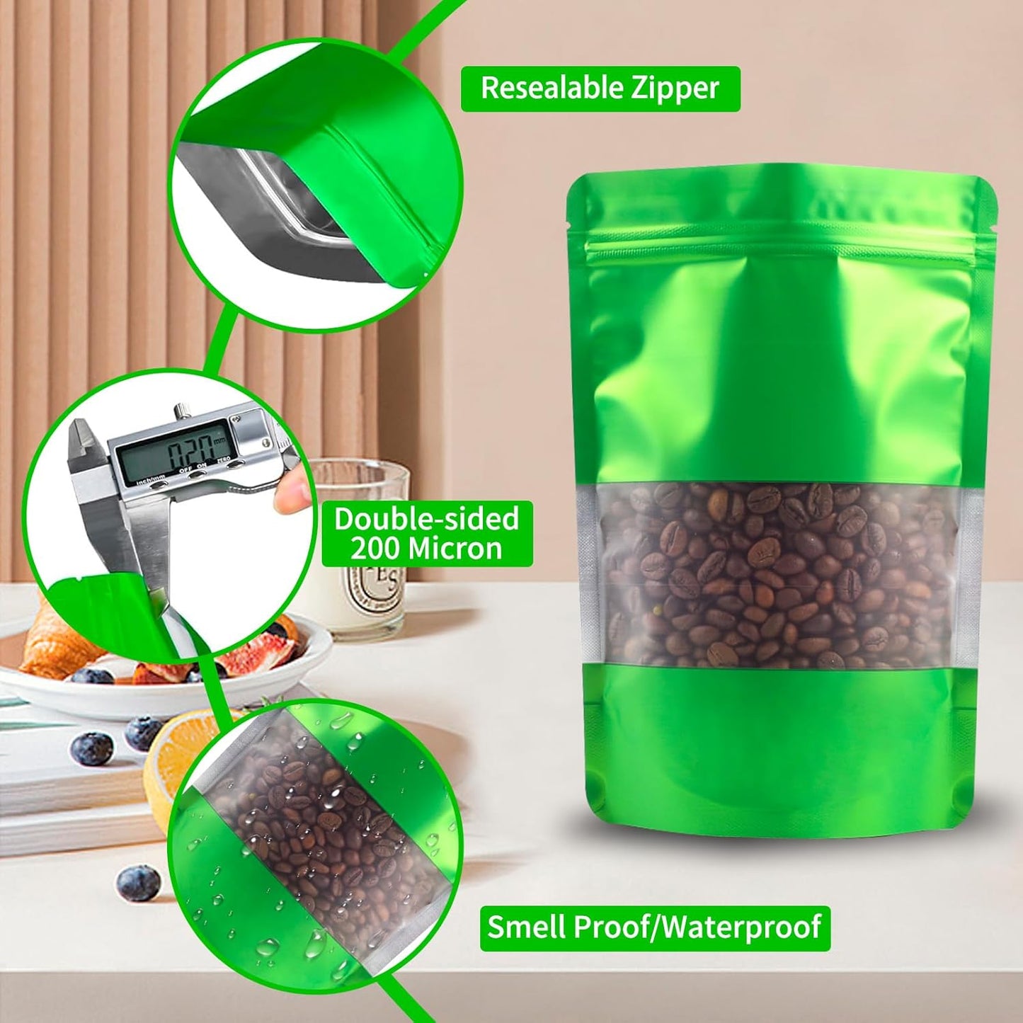 100 Pack Smell Proof Bags, Resealable Green Mylar Bags with Matte Window, Foil Pouch Stand Up Sealable Bags for Packaging, 5.51 × 7.87 Inch