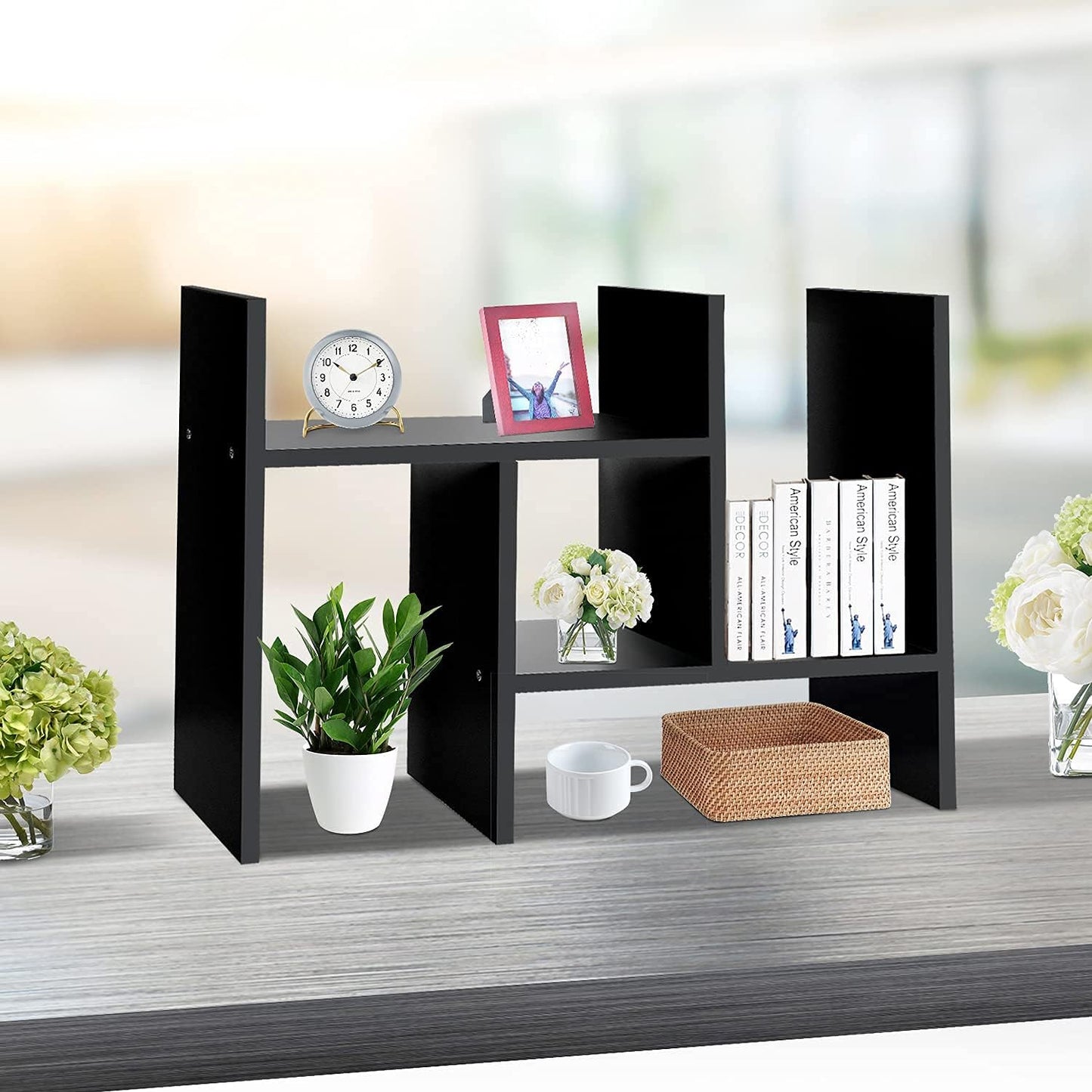 J.M.Deco Desktop Organizers and Storage for Office, Adjustable Desktop Organizer Shelf Double H Display, True Natural Stand Shelf, Black