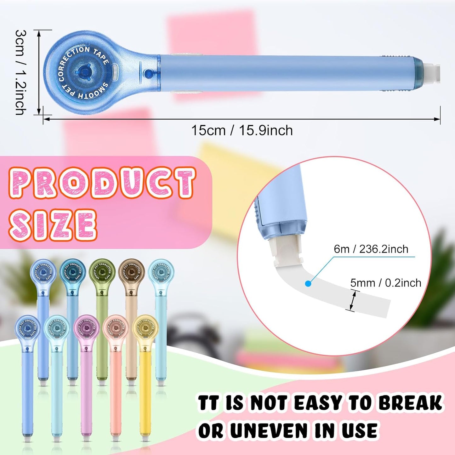 10 Pack Correction Tape Pen Correctional Ink Tape Push Pull Protective, Easy to Use Applicator for School Office Supplies, 0.2 x 236 Inch (Dessert Colors)