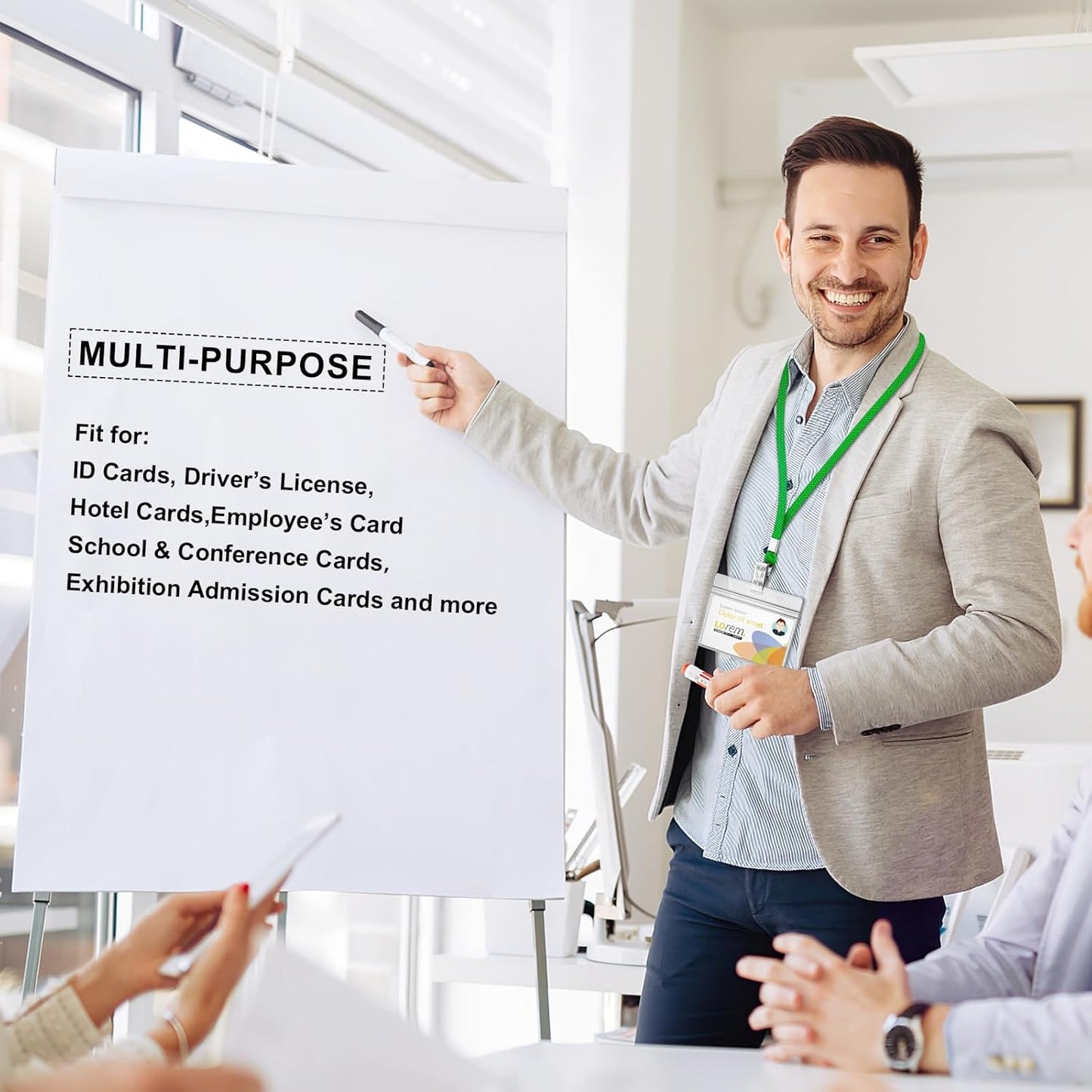 100Pcs Lanyards for ID Badges and 100 Pcs Clear Plastic Horizontal Name Badge ID Card Holders, Flat Neck Lanyards with Clip Waterproof Resealable Name Tag Badge ID Card Holders (Green)