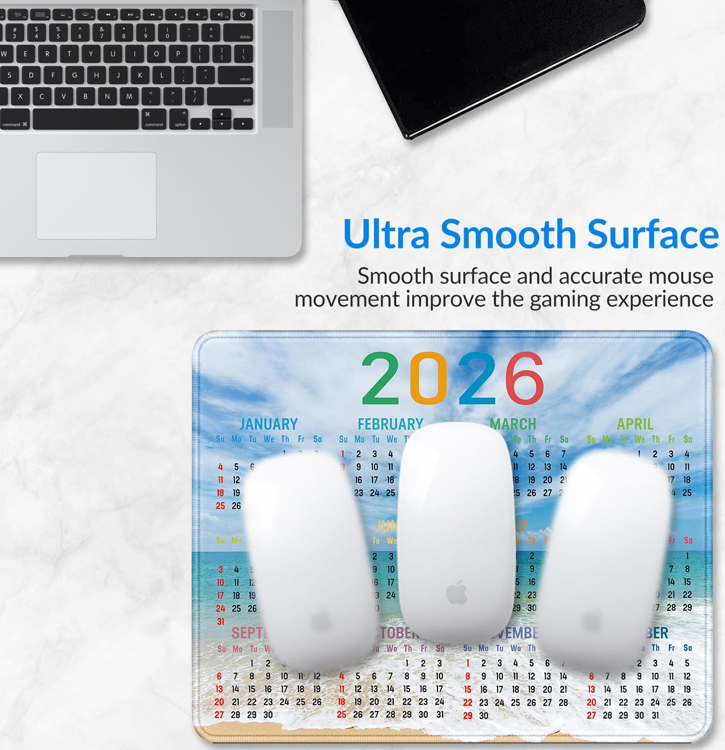 2026 Calendar Mouse pad, Gaming Stitched Edge Computer Accessory Mouse Pad, Rectangular Anti Slip Chloroprene Rubber Mouse Pad for Office and Home Use (Beach Calendar Mouse Pad)