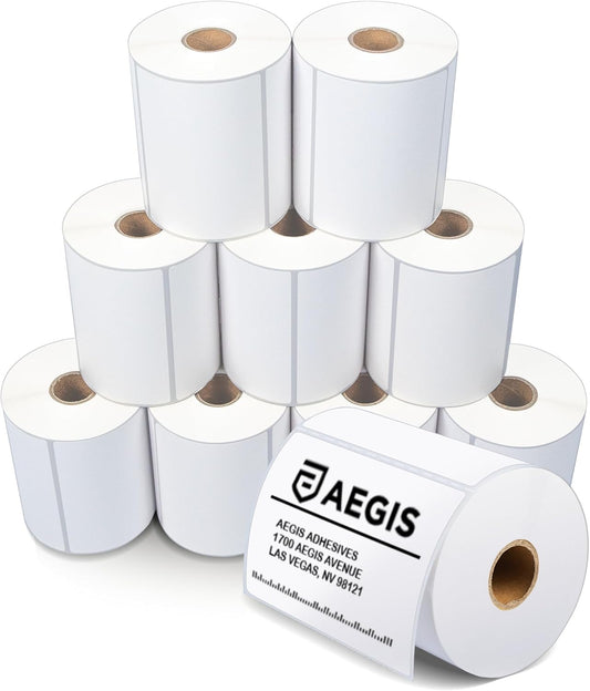 Aegis Adhesives - 4” X 3” Direct Thermal Labels for Shipping, Postage, Perforated & Compatible with Rollo, Zebra, & Other Desktop Label Printers (10 Rolls, 500/Roll)
