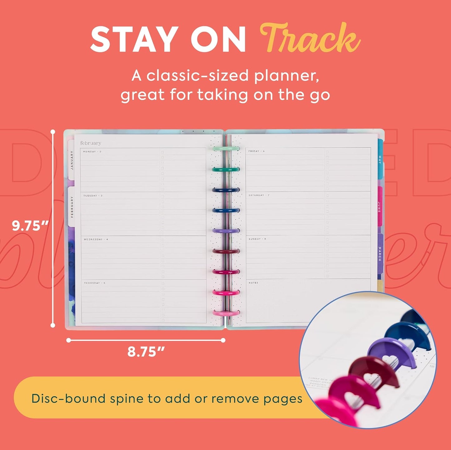 Happy Planner Disc-Bound Planner Jan.–Dec. 2026, Includes 3 Extra Months and 2 Sticker Sheets, Classic Size, 7" x 9.25", Horizontal Layout, Live in Color