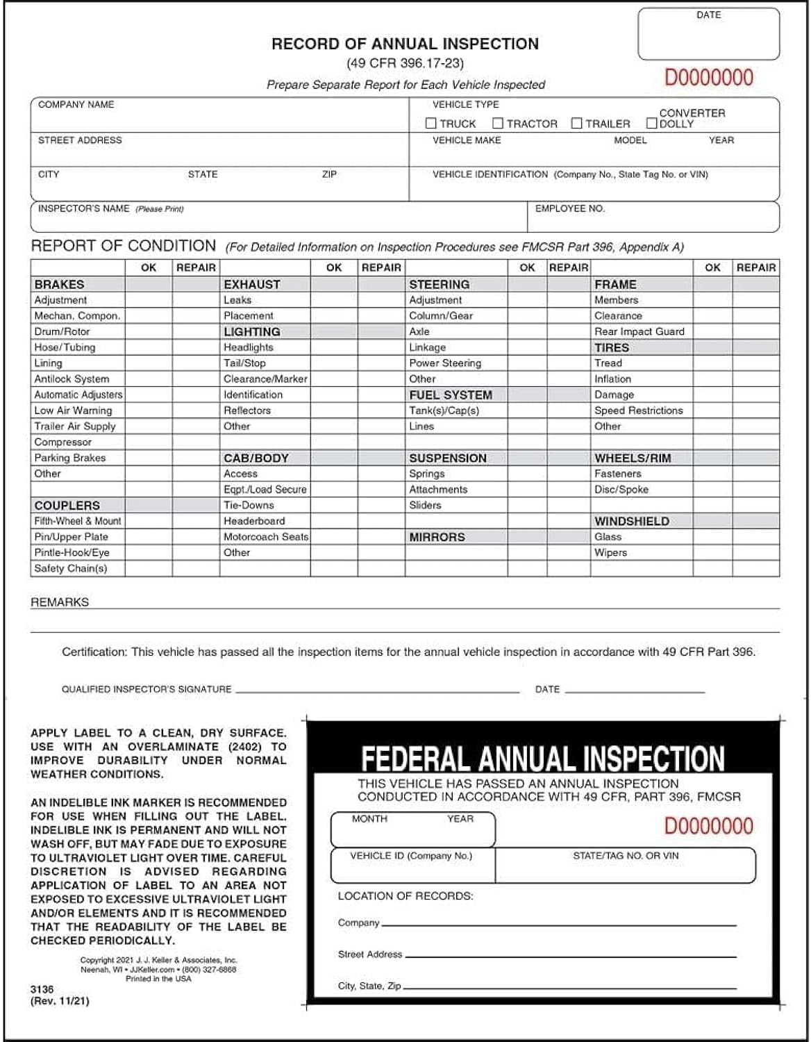 J. J. Keller 100-Pack, Record of Annual Inspection Form with Inspection Decal, 2-Ply Carbonless Form, DOT Compliant