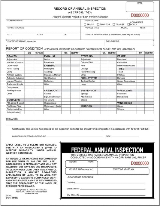 J. J. Keller 100-Pack, Record of Annual Inspection Form with Inspection Decal, 2-Ply Carbonless Form, DOT Compliant